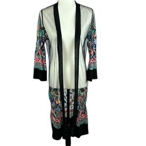 Evidence Floral Embroidered Sheer Long Sleeve Open Front Kimono Large Black